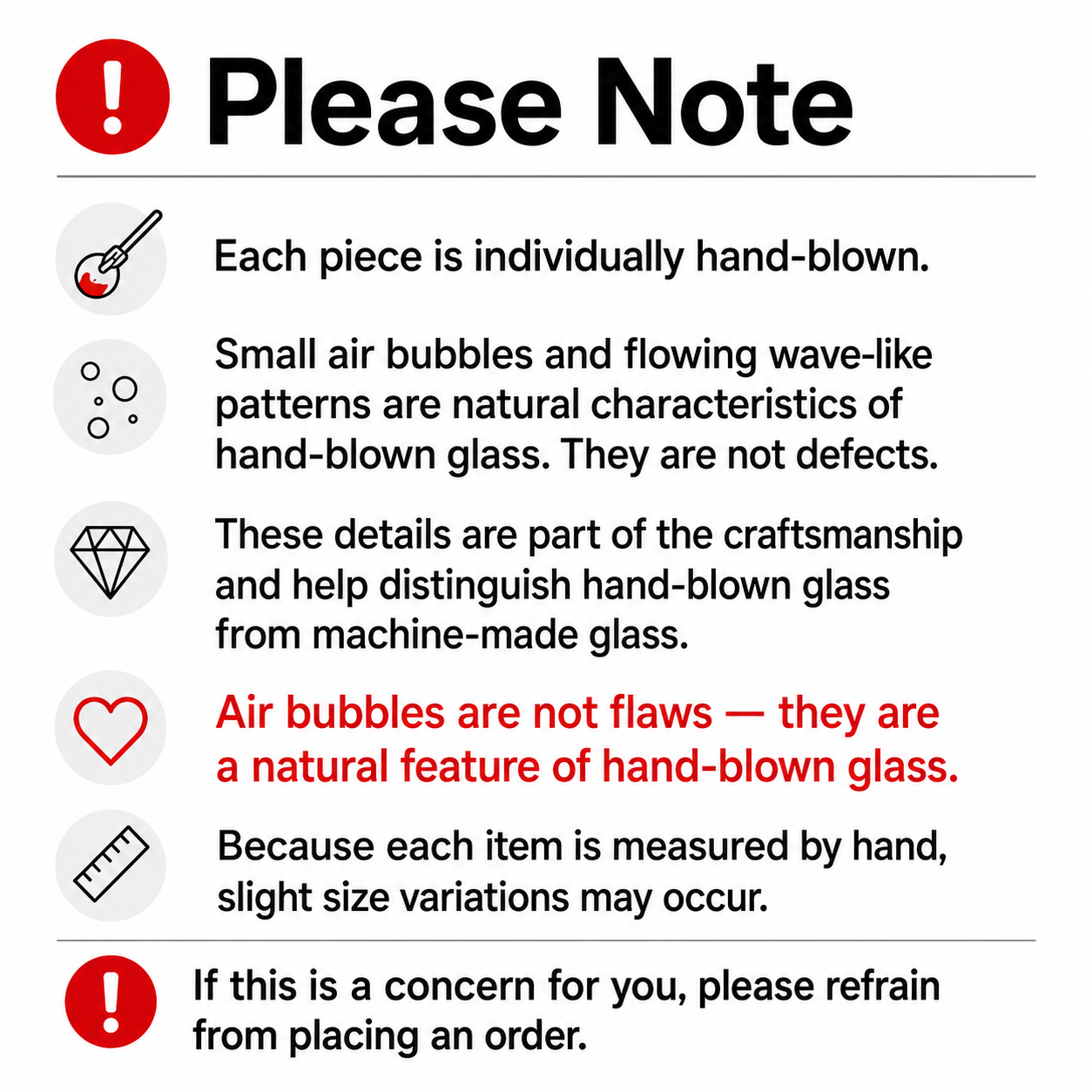Handblown glass vase disclaimer explaining natural air bubbles flowing patterns and size variations