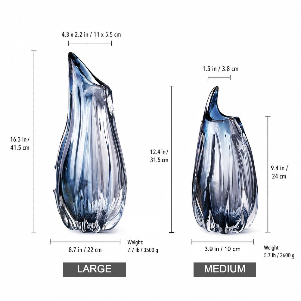 Handblown blue fluted art glass vase size chart with dimensions and weight for large and medium sizes