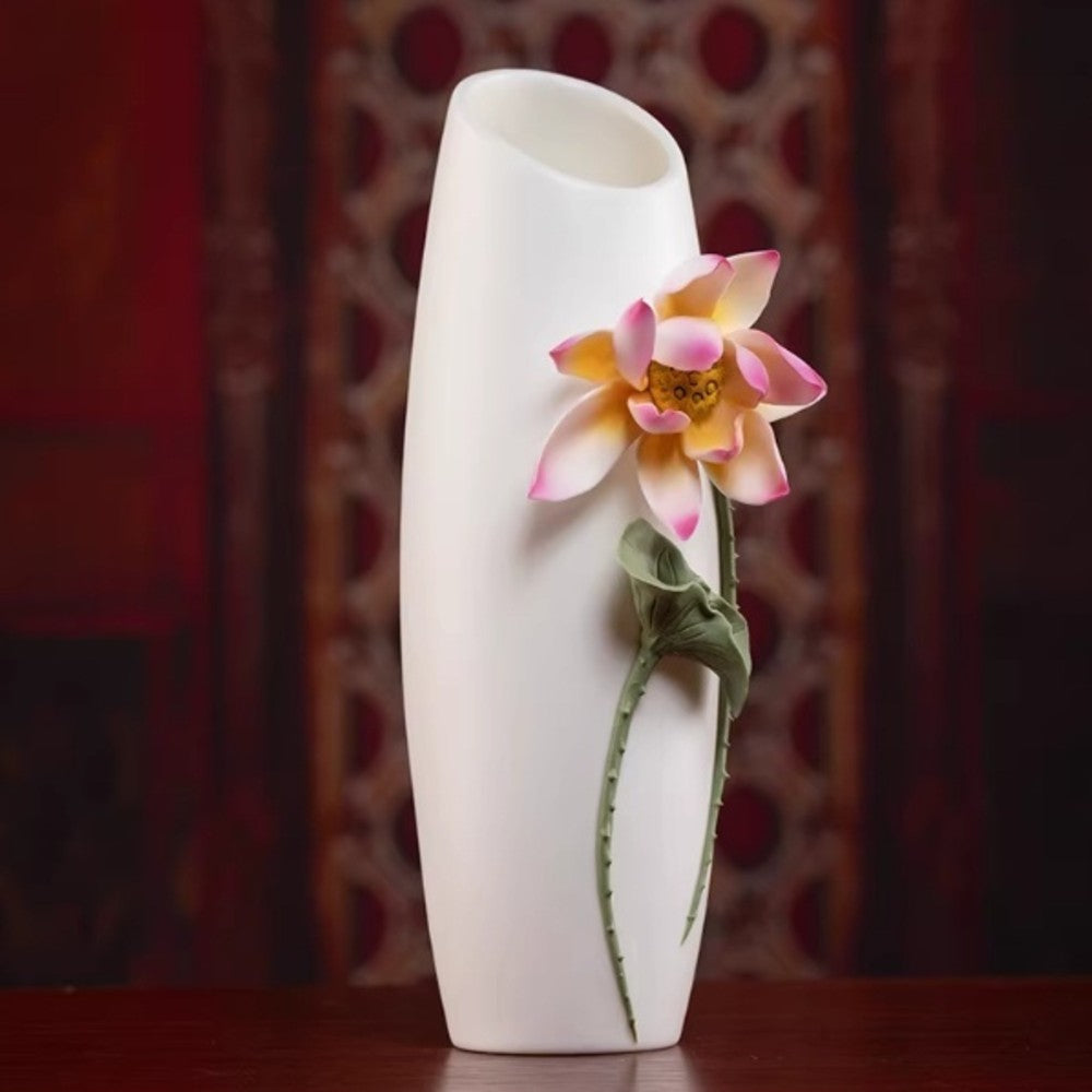 sculpted lotus flower ceramic vase in decorative interior setting with rich background
