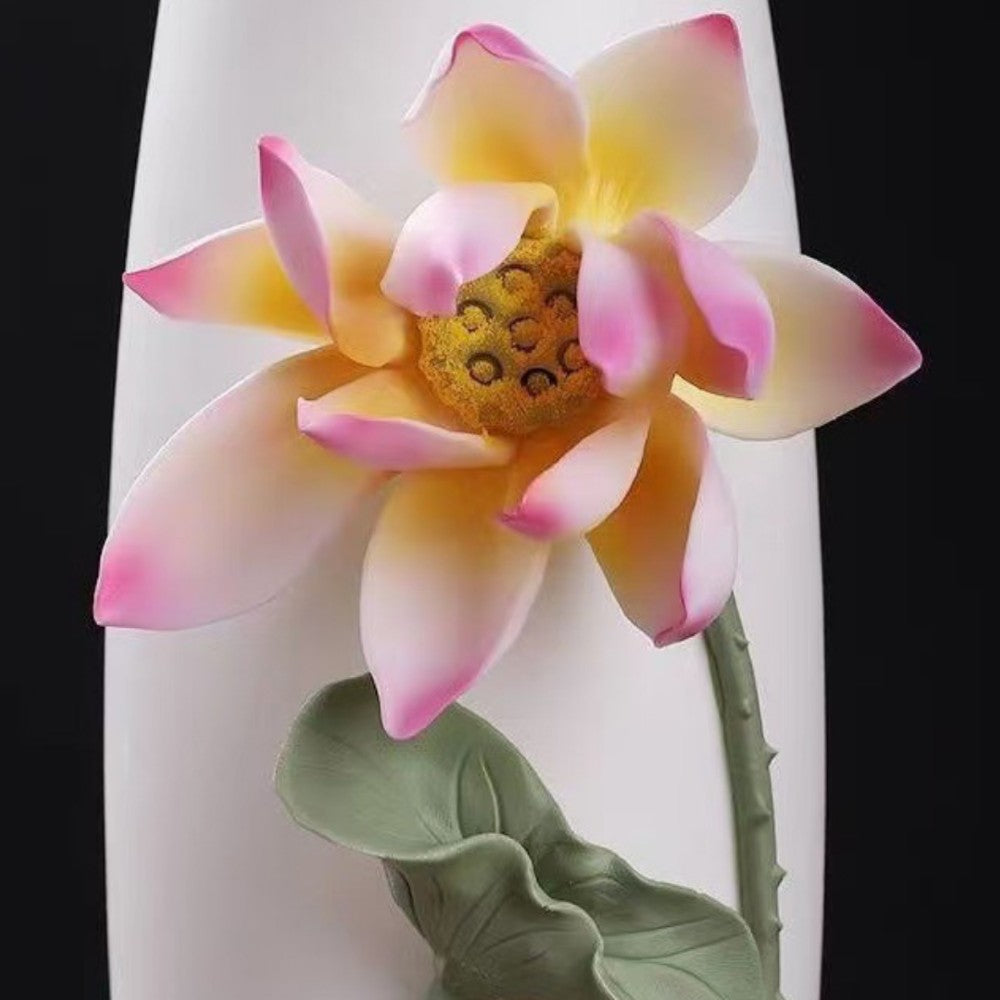 close up of lotus flower ceramic relief vase showing intricate handcrafted detail