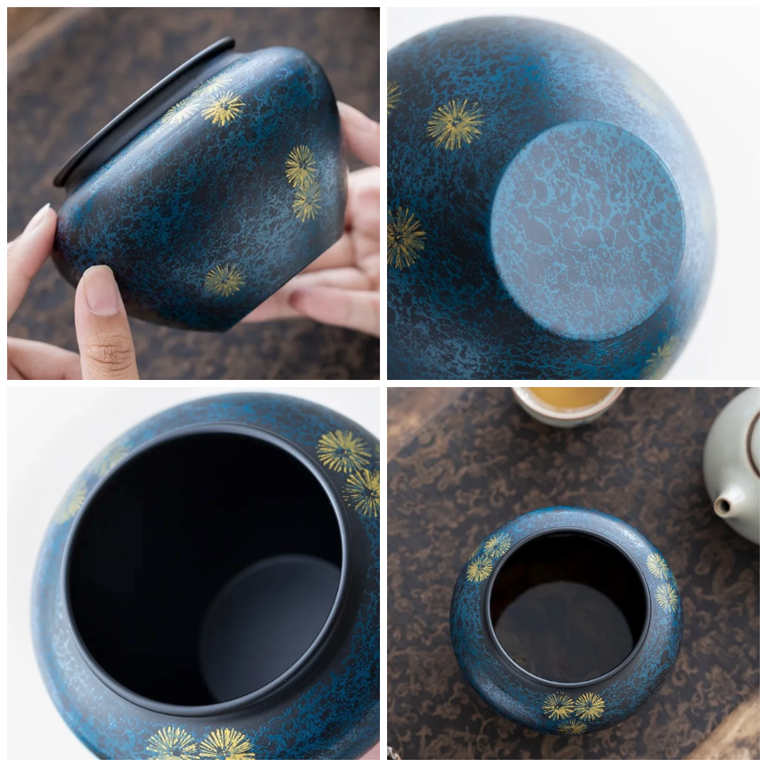 Detail collage of Midnight Blue iron tea ritual bowl showing finish interior rim and base