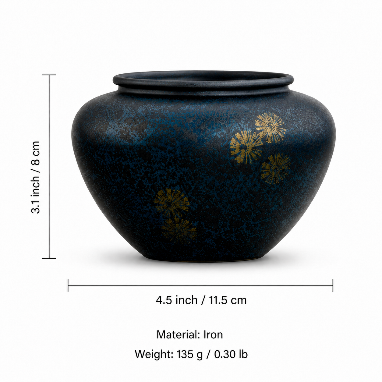 Measurement guide for handcrafted iron tea ritual bowl showing dimensions weight and material