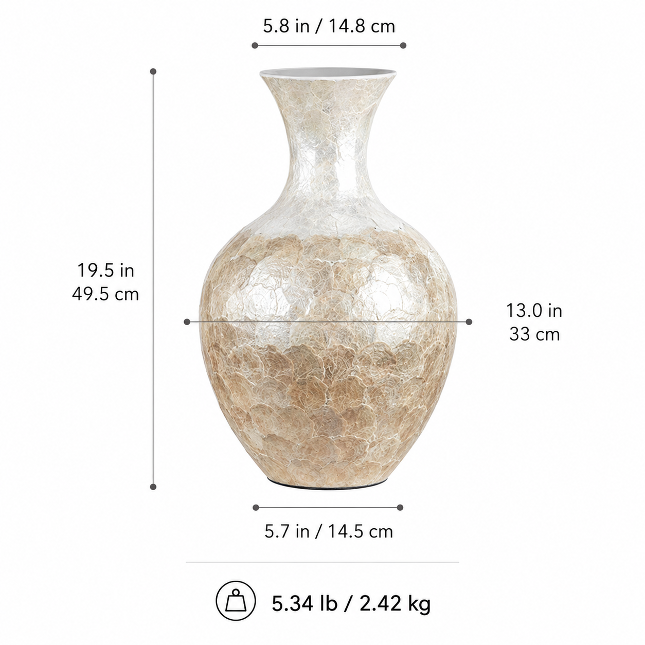 Handcrafted shell inlay ceramic vase size guide with dimensions and weight