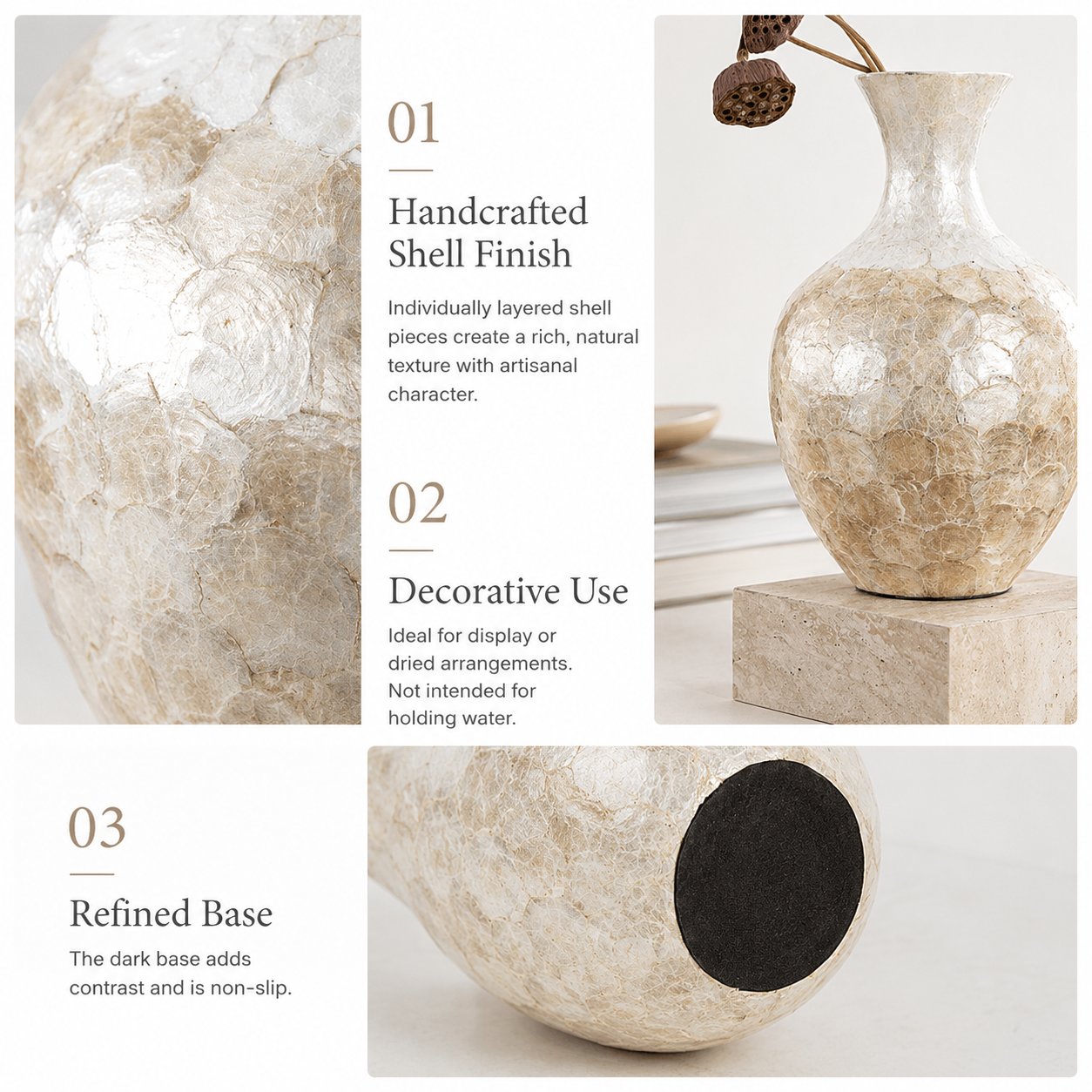 Shell inlay ceramic vase feature collage showing handcrafted finish, decorative use, and non-slip base