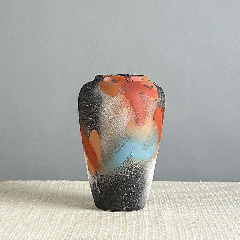 Medium handmade abstract glaze ceramic vase with orange blue and graphite abstract pattern