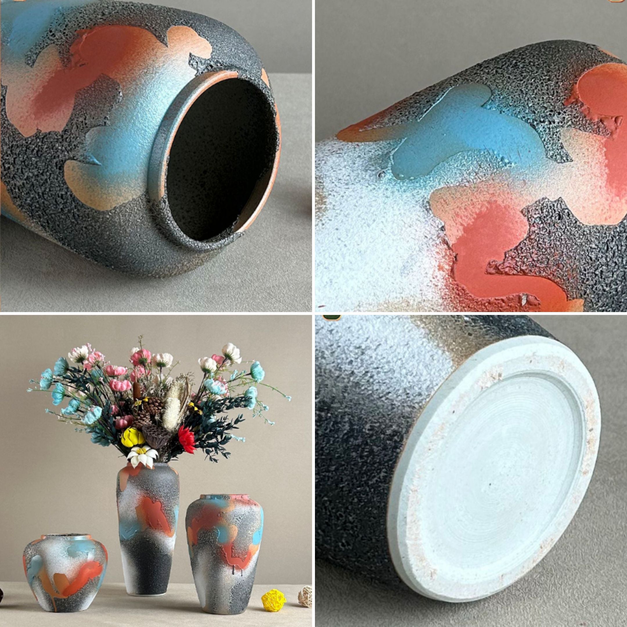 Abstract glaze ceramic vase detail collage showing handmade texture and color variations