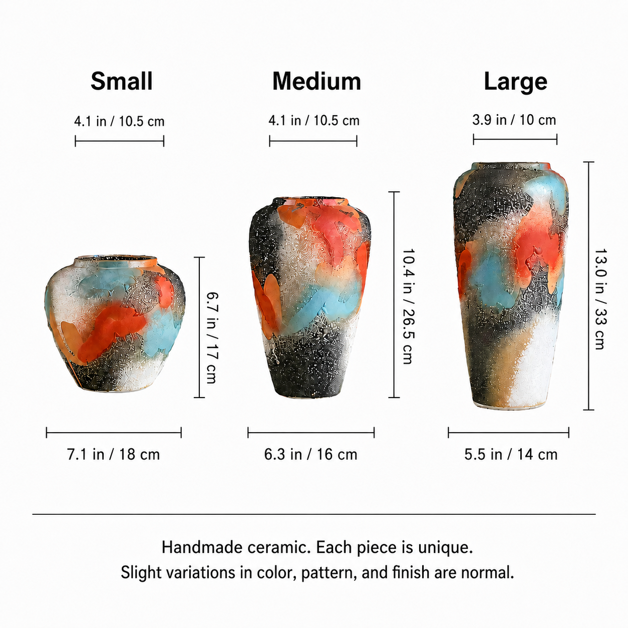 Handmade abstract glaze ceramic vase size guide for small medium and large options
