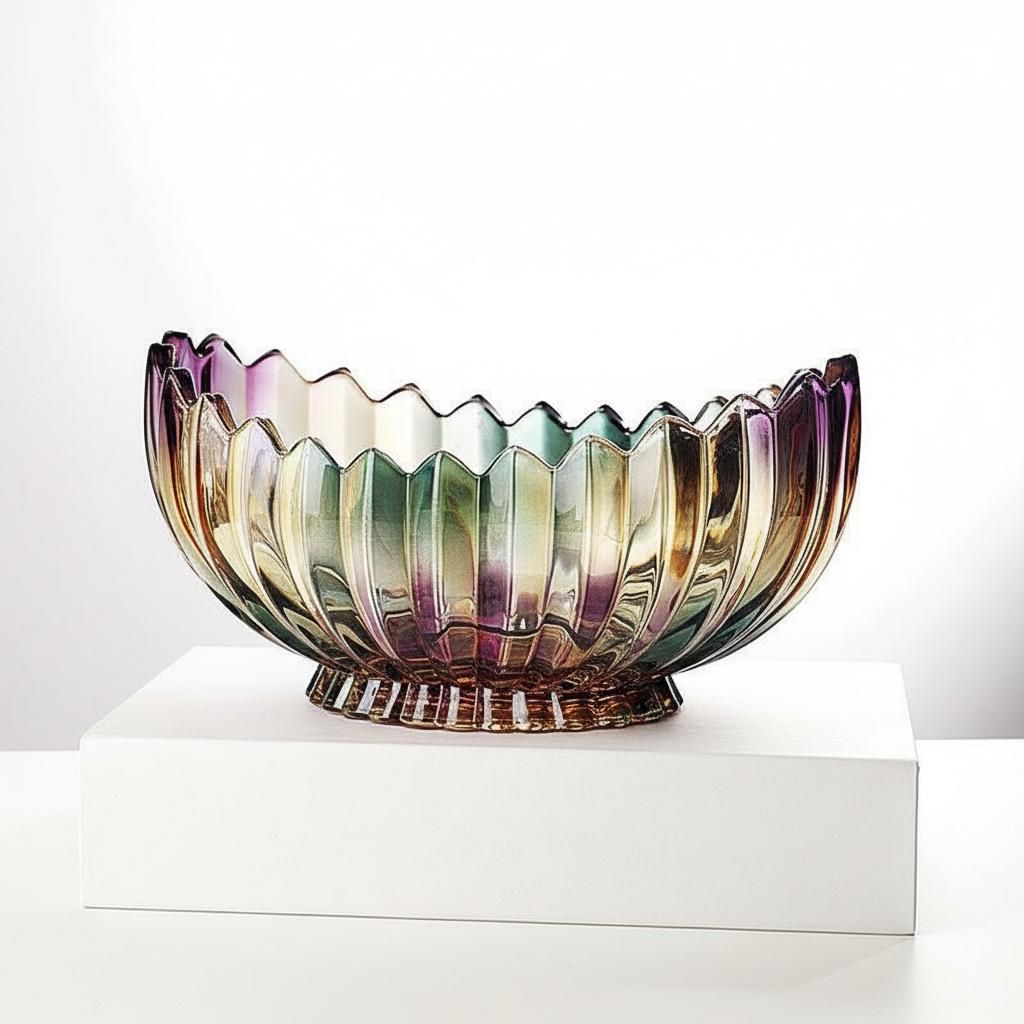 Oval iridescent scalloped glass bowl with a low profile displayed on a white pedestal