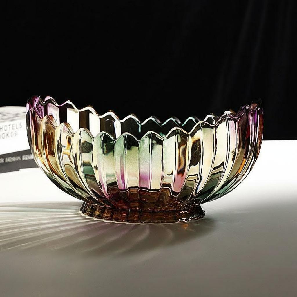 Low oval iridescent glass bowl with scalloped edges styled in dramatic natural light