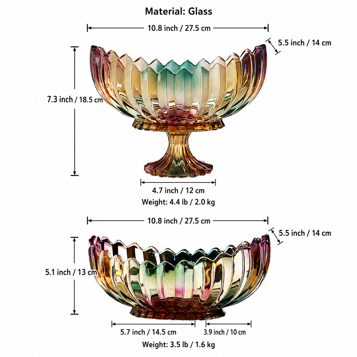 Size guide for iridescent scalloped glass centerpiece bowls showing the footed and low bowl variants