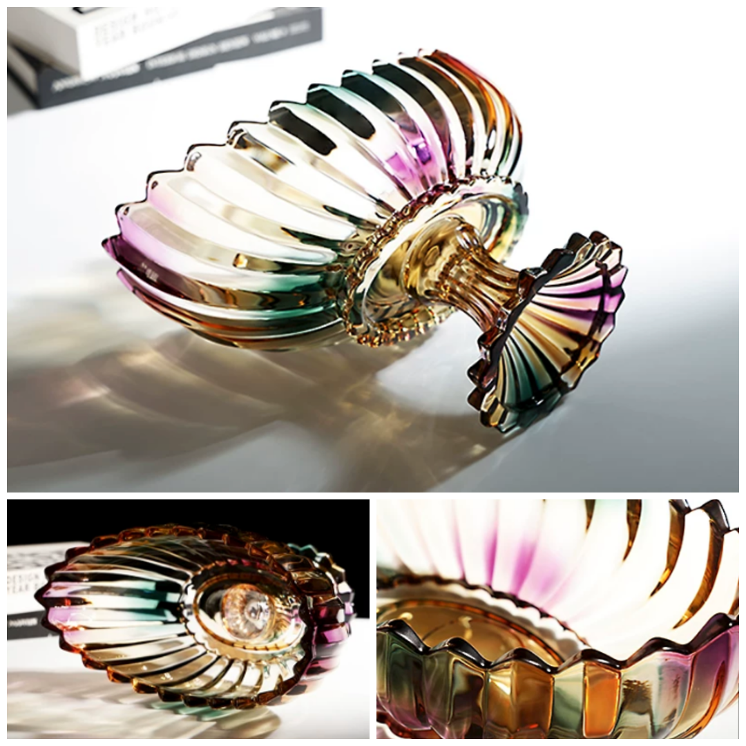 Collage of iridescent glass bowl variants with detail views of the pedestal base and scalloped rim
