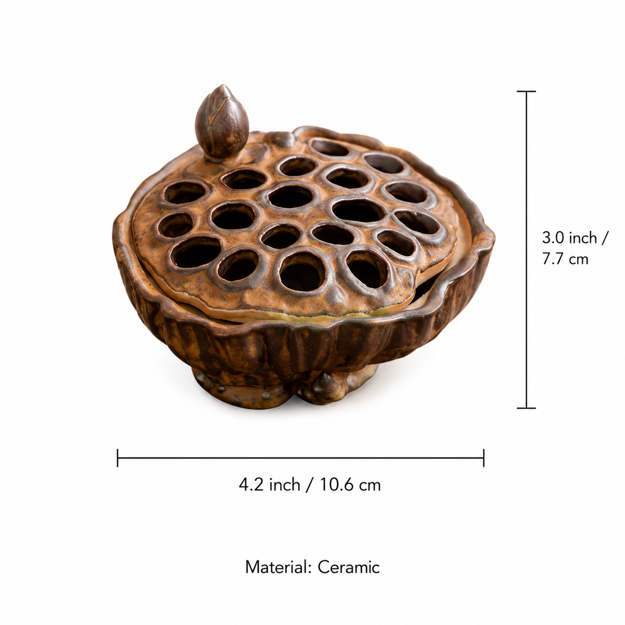 Measurement guide for Rustic Brown lotus pod ceramic incense burner