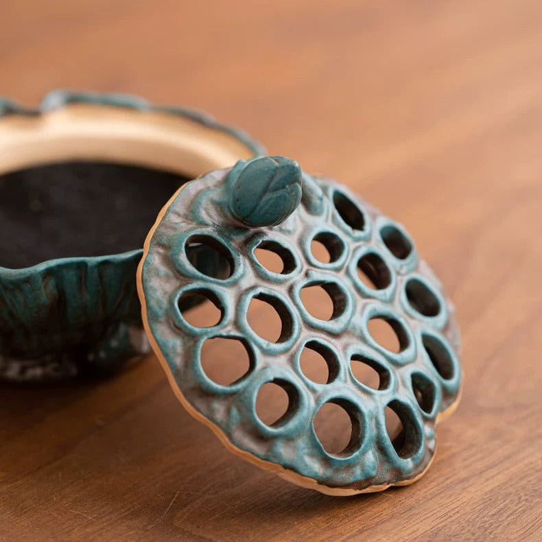 Patina Teal ceramic incense burner showing sculptural lotus pod lid