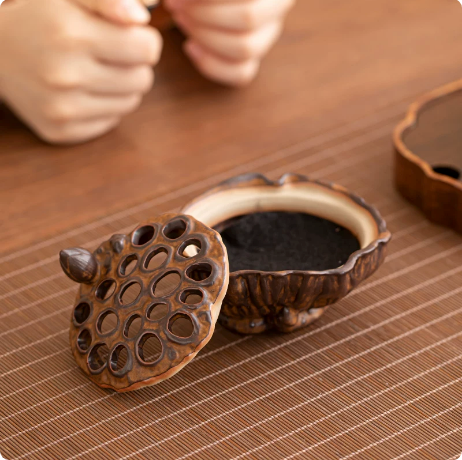 Rustic Brown ceramic incense burner with removable lotus pod lid