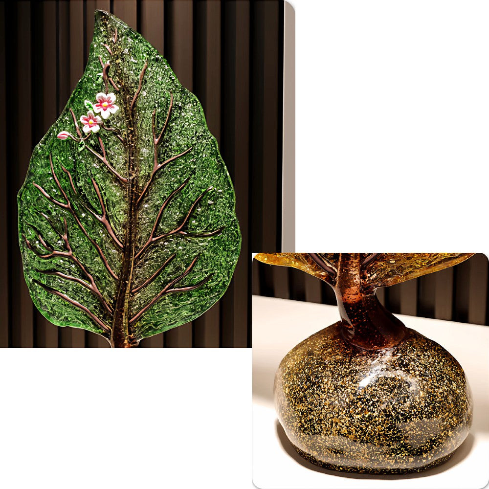 Green finish amber glass leaf sculpture with botanical texture detail