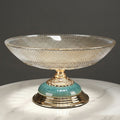 Side view of diamond lattice glass centerpiece bowl on a pedestal base