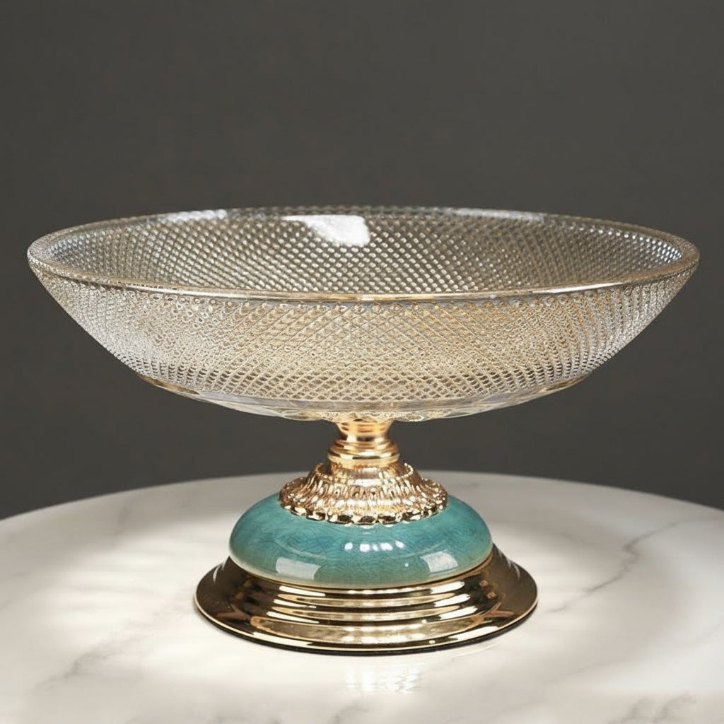 Side view of diamond lattice glass centerpiece bowl on a pedestal base