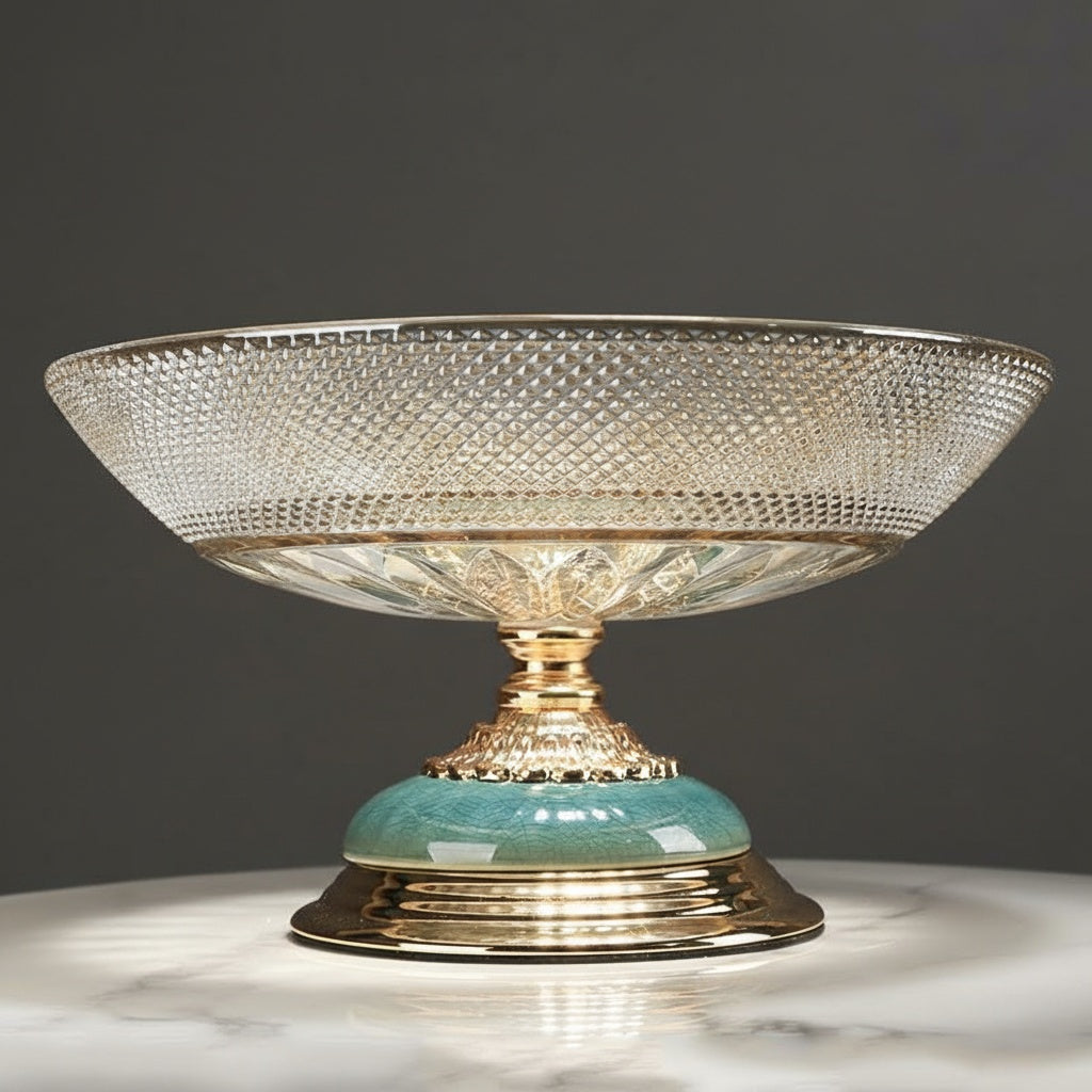 Diamond lattice glass pedestal centerpiece bowl with gold tone and turquoise base