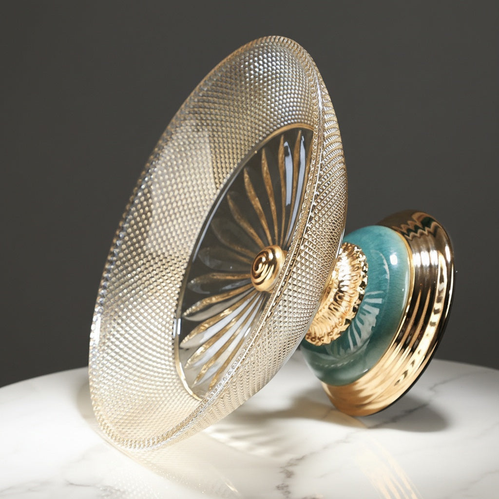 Angled view of luxury textured glass pedestal bowl showing decorative base details