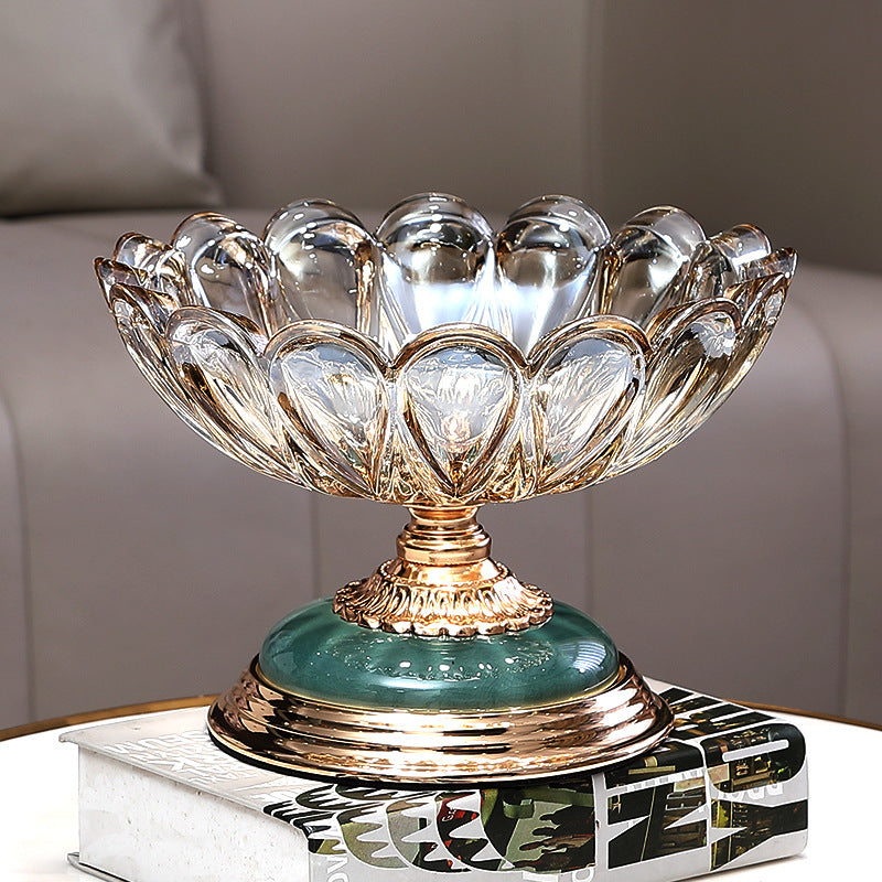 Lotus petal glass pedestal centerpiece bowl with gold tone and turquoise base