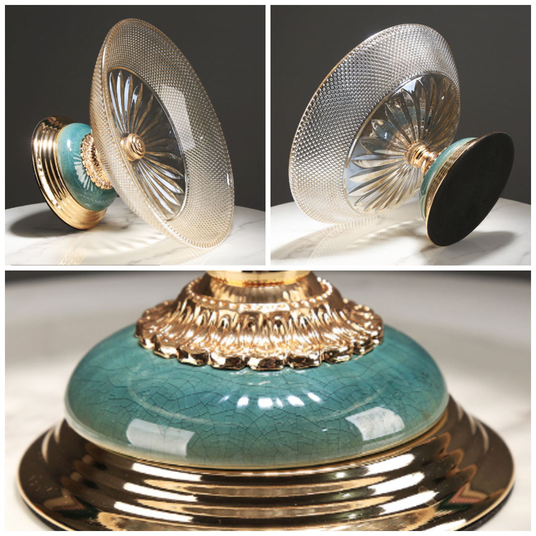 Close up views of textured glass and gold tone pedestal craftsmanship