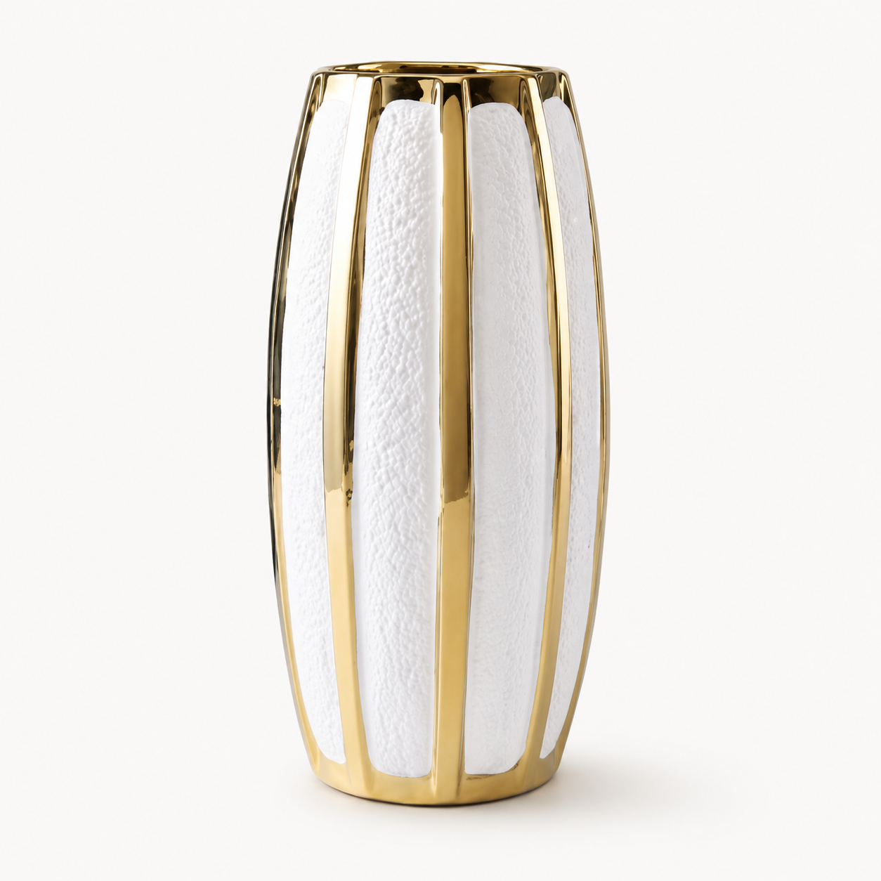 Tall luxury white ceramic vase with gold accents on white background