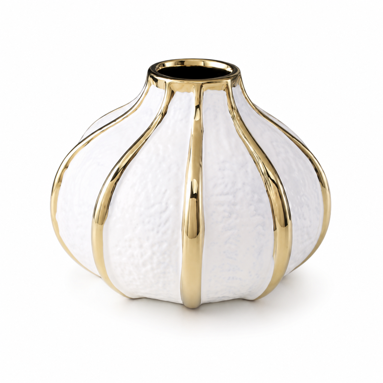 Low rounded white ceramic vase with gold accents on white background