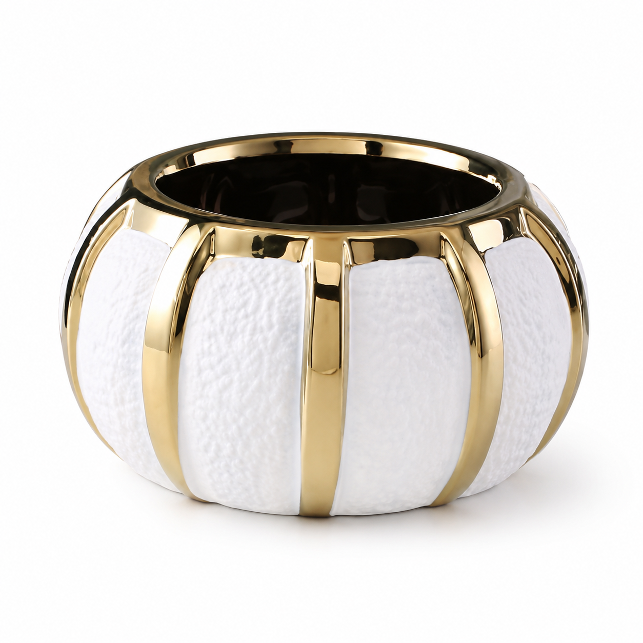 Wide white ceramic bowl vase with gold accents on white background