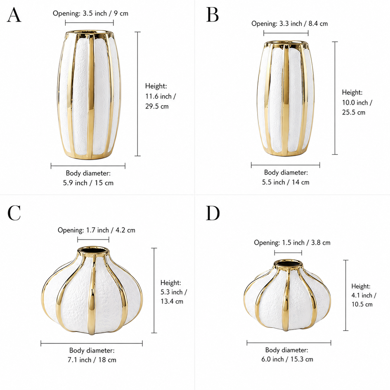 Size guide showing luxury white ceramic vase styles A to D with measurements