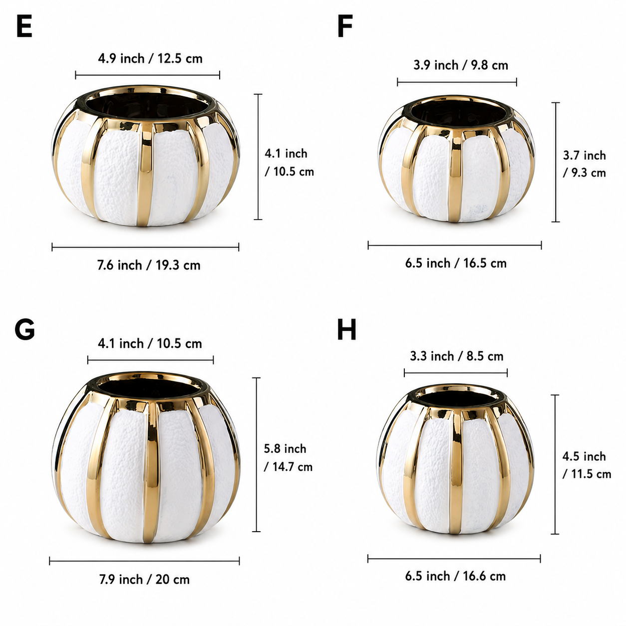 Size guide showing luxury white ceramic vase styles E to H with measurements