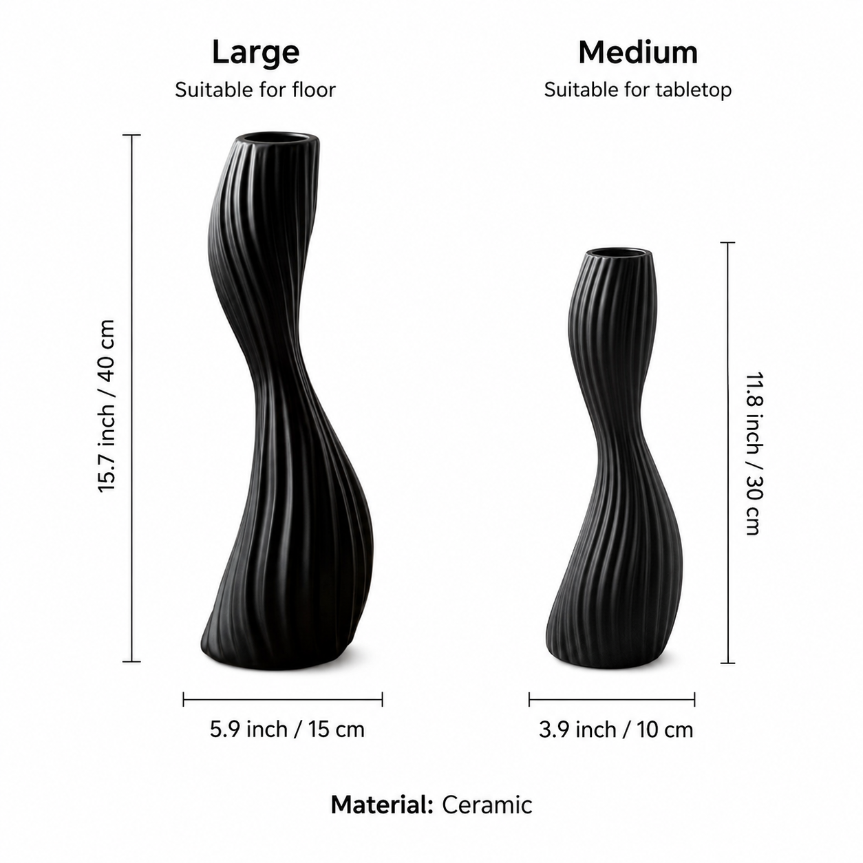 Large and medium ribbed ceramic twist vase dimensions showing floor and tabletop sizes