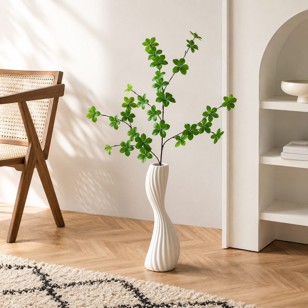 White ceramic ribbed twist floor vase with greenery in minimalist home interior