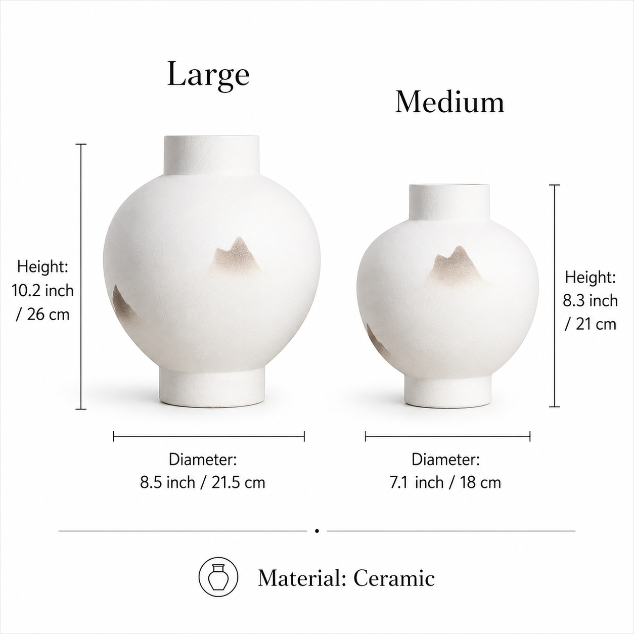 Size guide for Medium and Large white ceramic mountain vases with ceramic material details