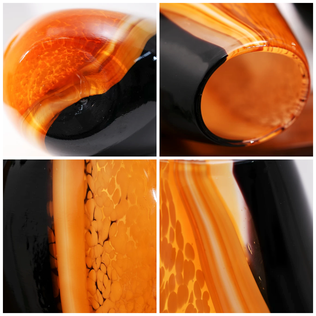 Close up details of the amber black glass texture base and hand blown finish