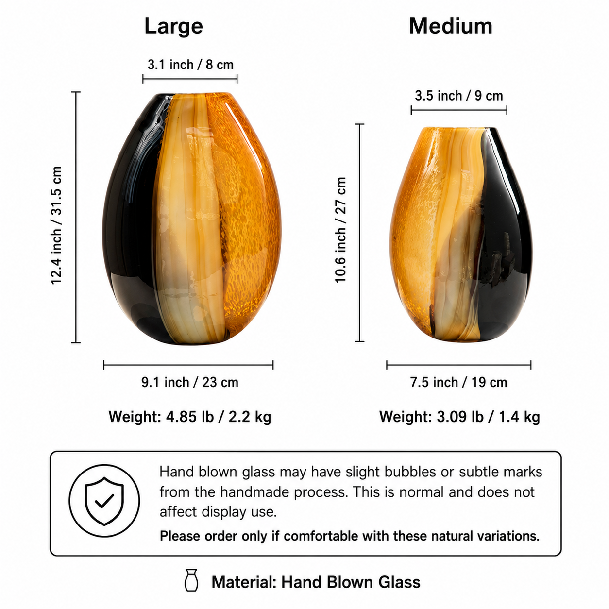 Size and weight guide for amber and black hand blown glass vases