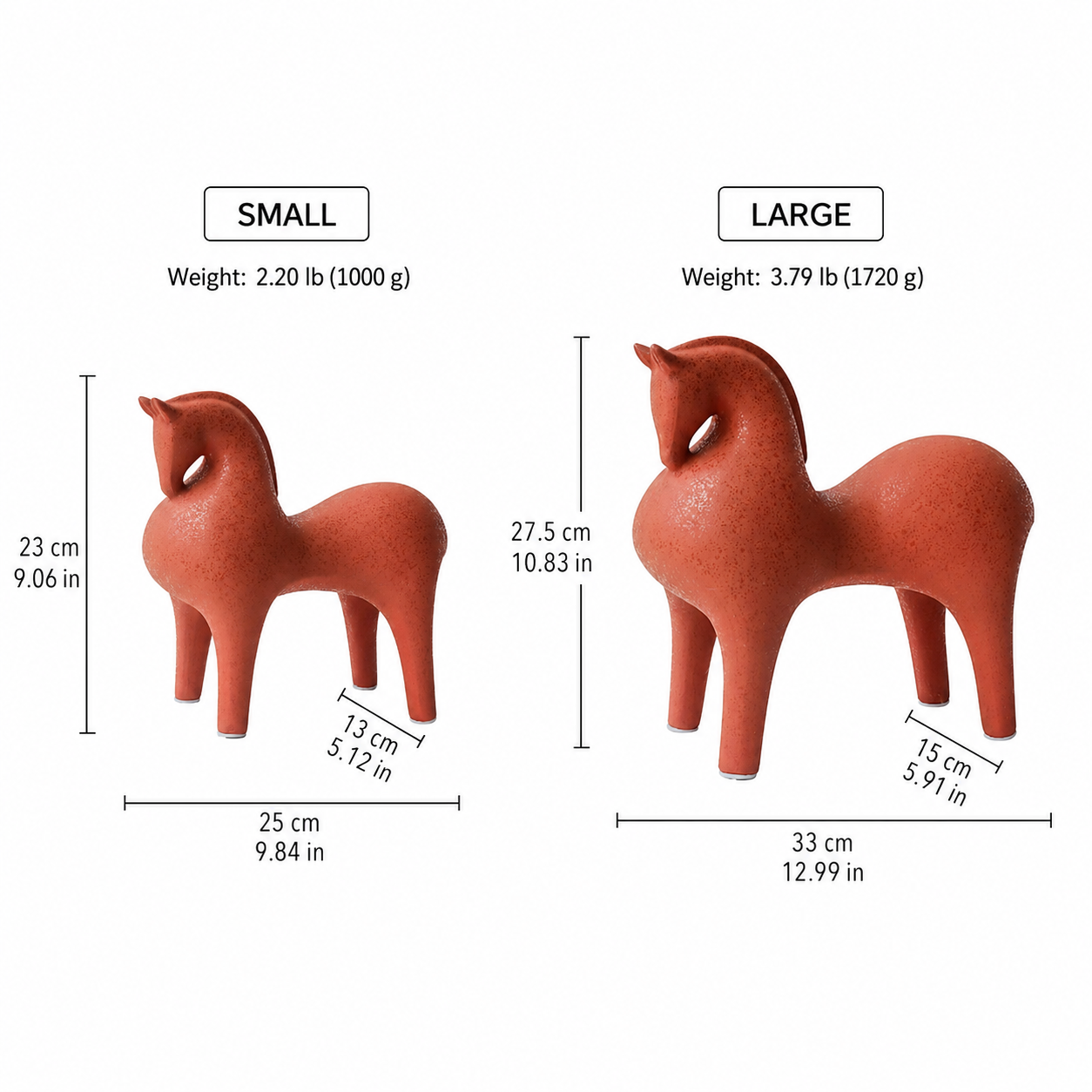 Comparison of small and large terracotta red horse figurines with measurements and weights.