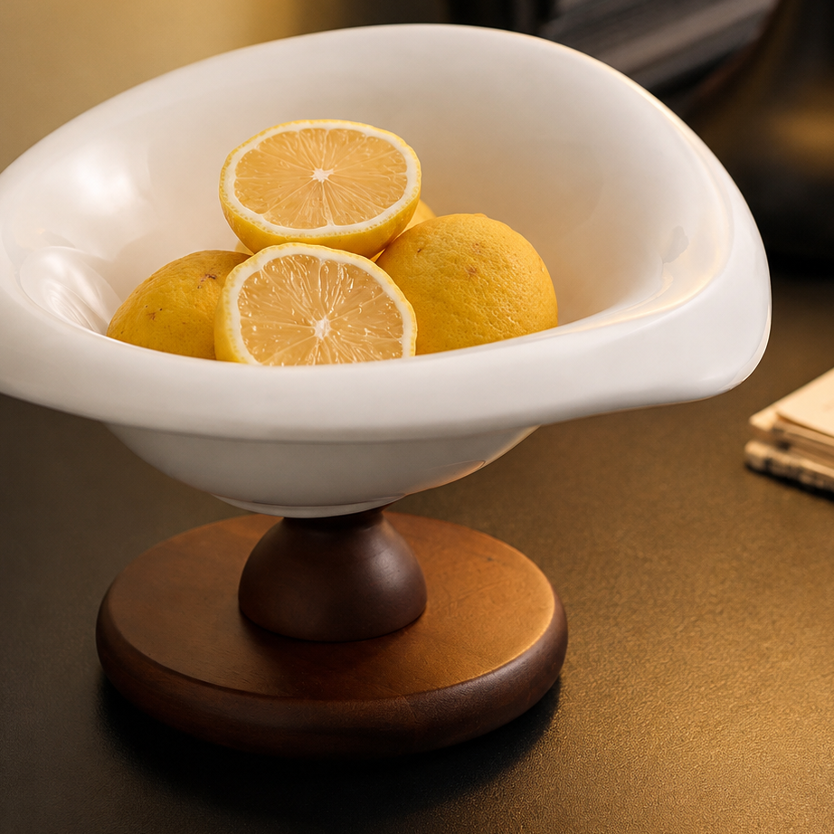 White ceramic pedestal fruit bowl with lemons on a warm modern tabletop