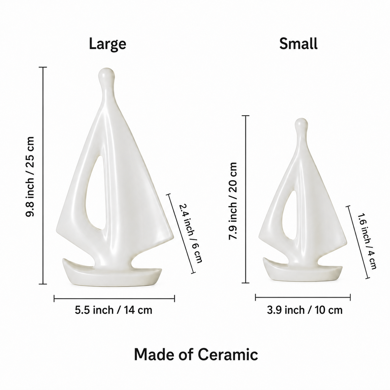Ceramic sailboat sculpture size guide showing large and small measurements
