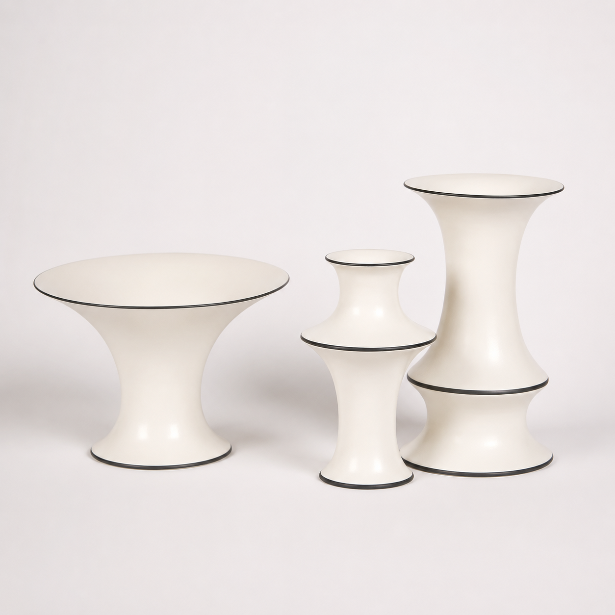 Ivory modern ceramic vase collection with contrast rim in three sculptural styles