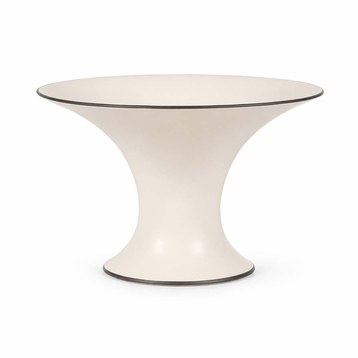 Ivory wide bowl ceramic vase with contrast rim on white background