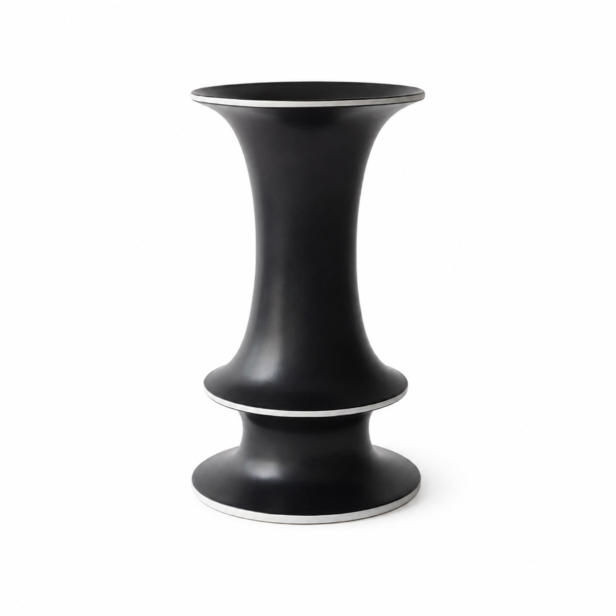 Black tall flared ceramic vase with contrast rim on white background