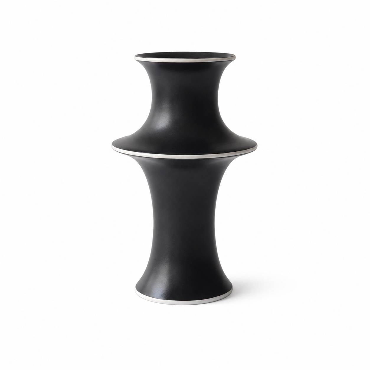 Black double gourd ceramic vase with contrast rim on white background
