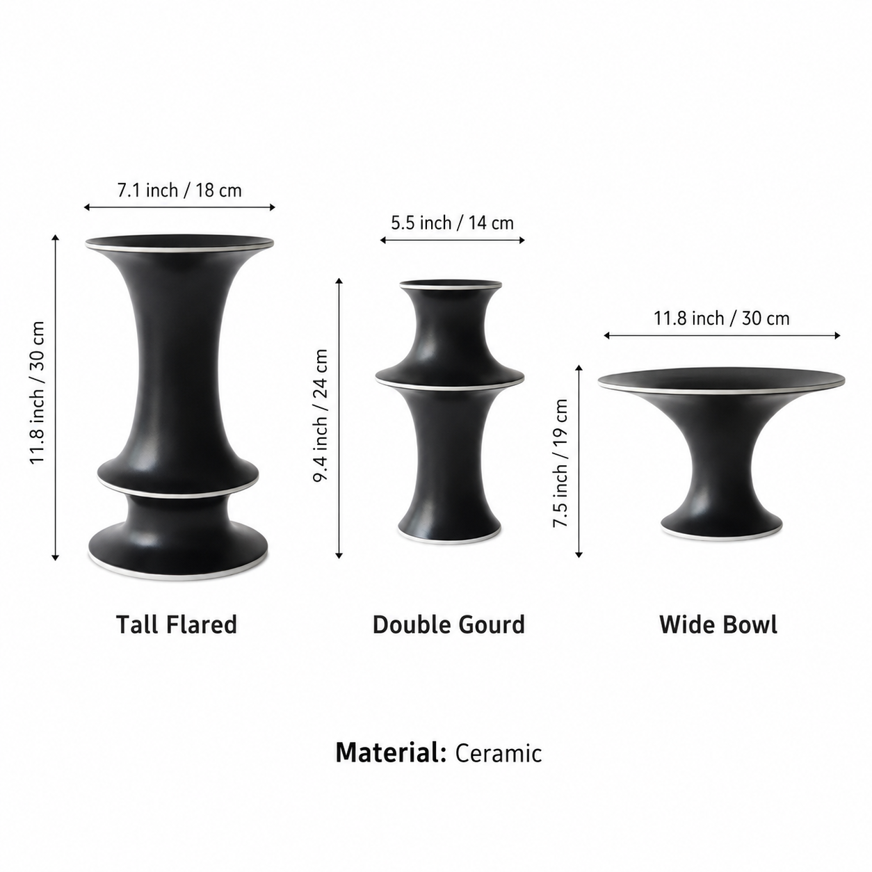 Modern ceramic vase size guide showing Tall Flared Double Gourd and Wide Bowl styles