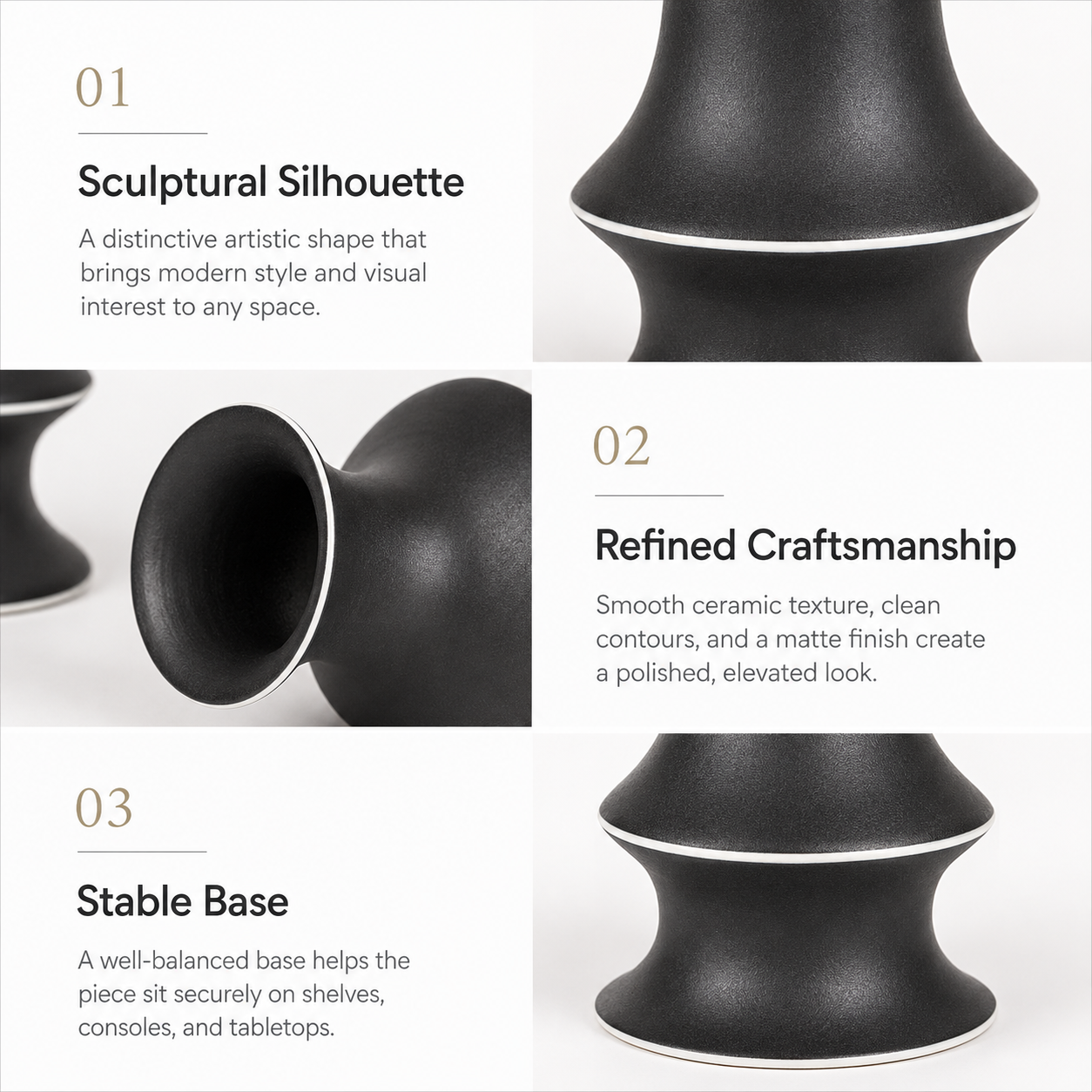 Modern ceramic vase feature guide showing sculptural silhouette refined craftsmanship and stable base