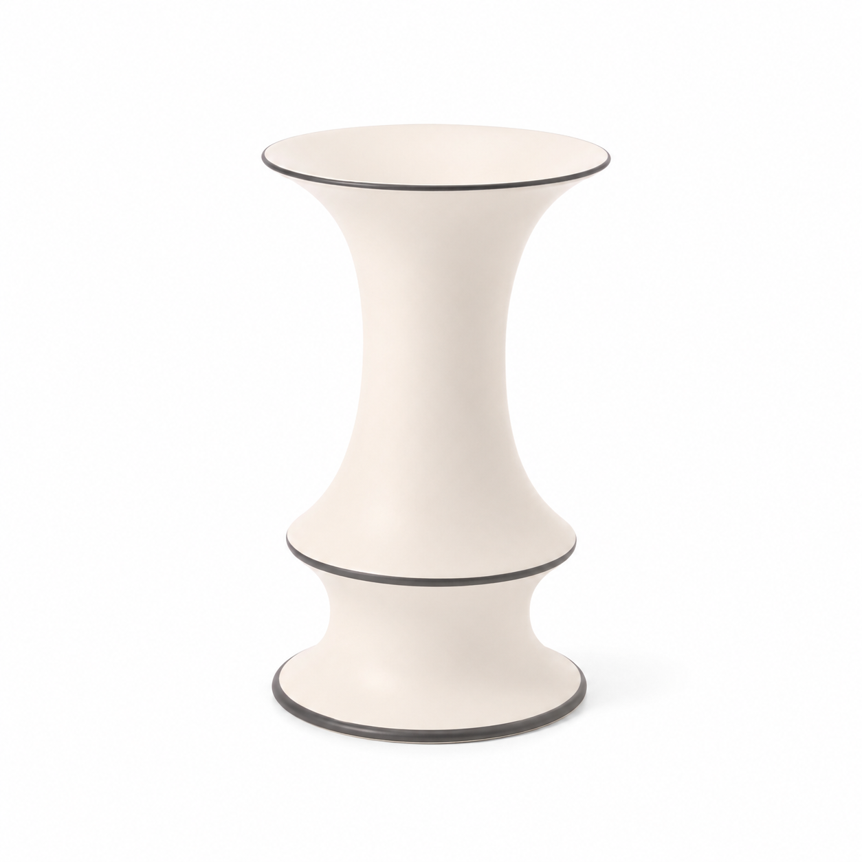 Ivory double gourd ceramic vase with contrast rim on white background