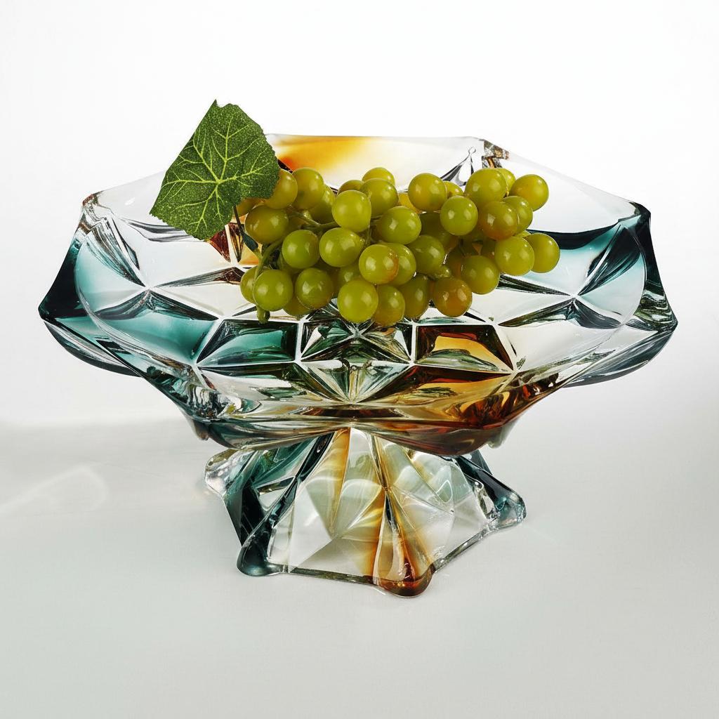 Geometric glass pedestal centerpiece bowl filled with green grapes in teal and amber tones