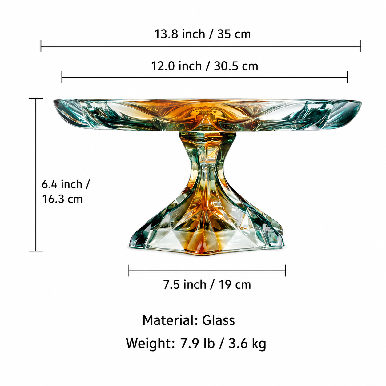 Measurement guide for geometric glass pedestal centerpiece bowl showing dimensions and weight