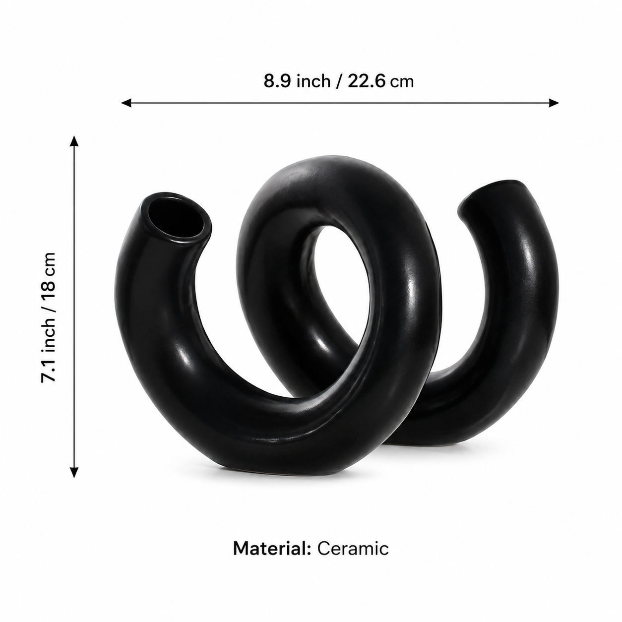 Measurement guide for a black modern loop ceramic vase