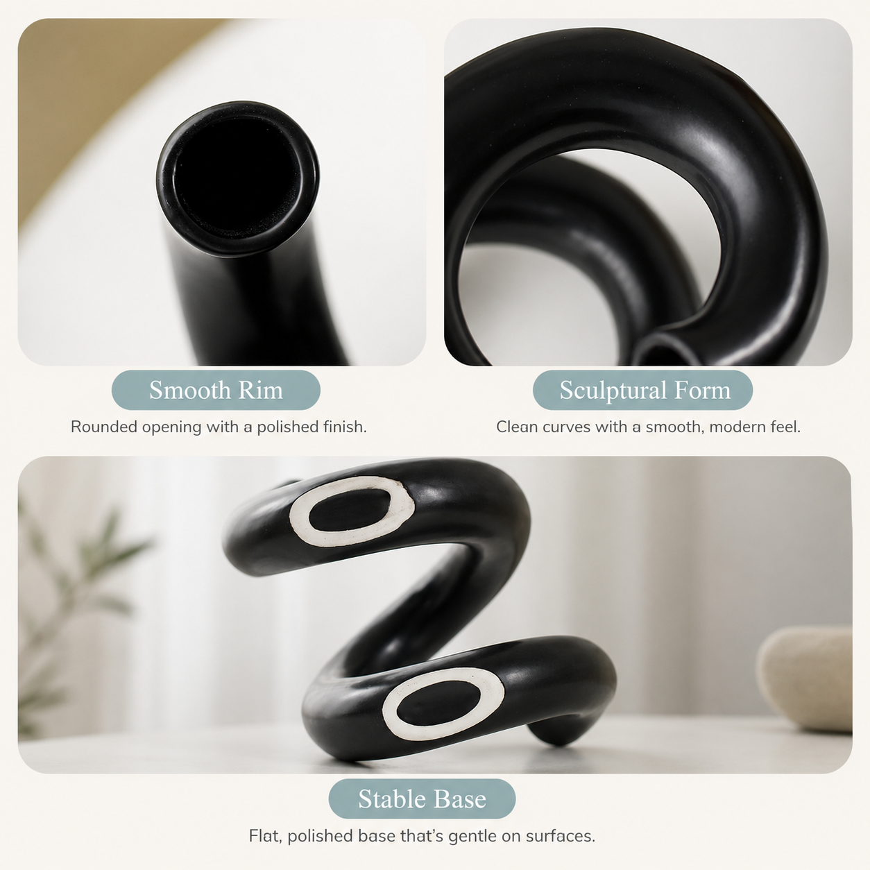 Close up views of the openings and curved form of a black loop ceramic vase