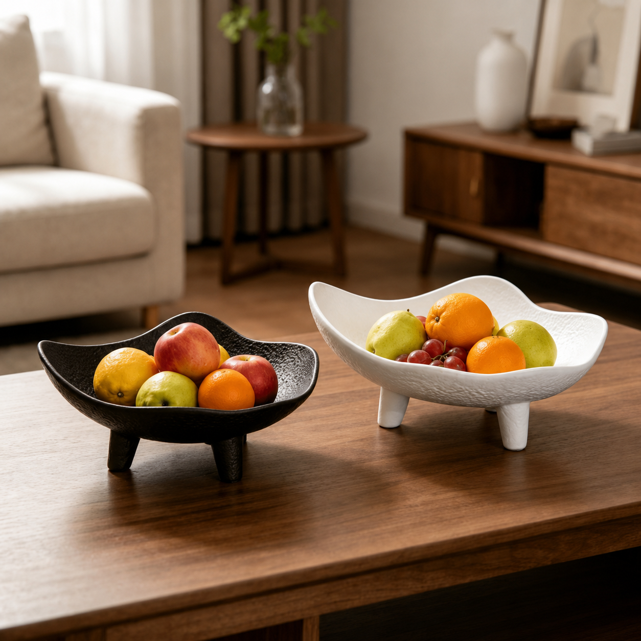 Black and white modern resin fruit bowl centerpieces styled with fruit on a wooden coffee table